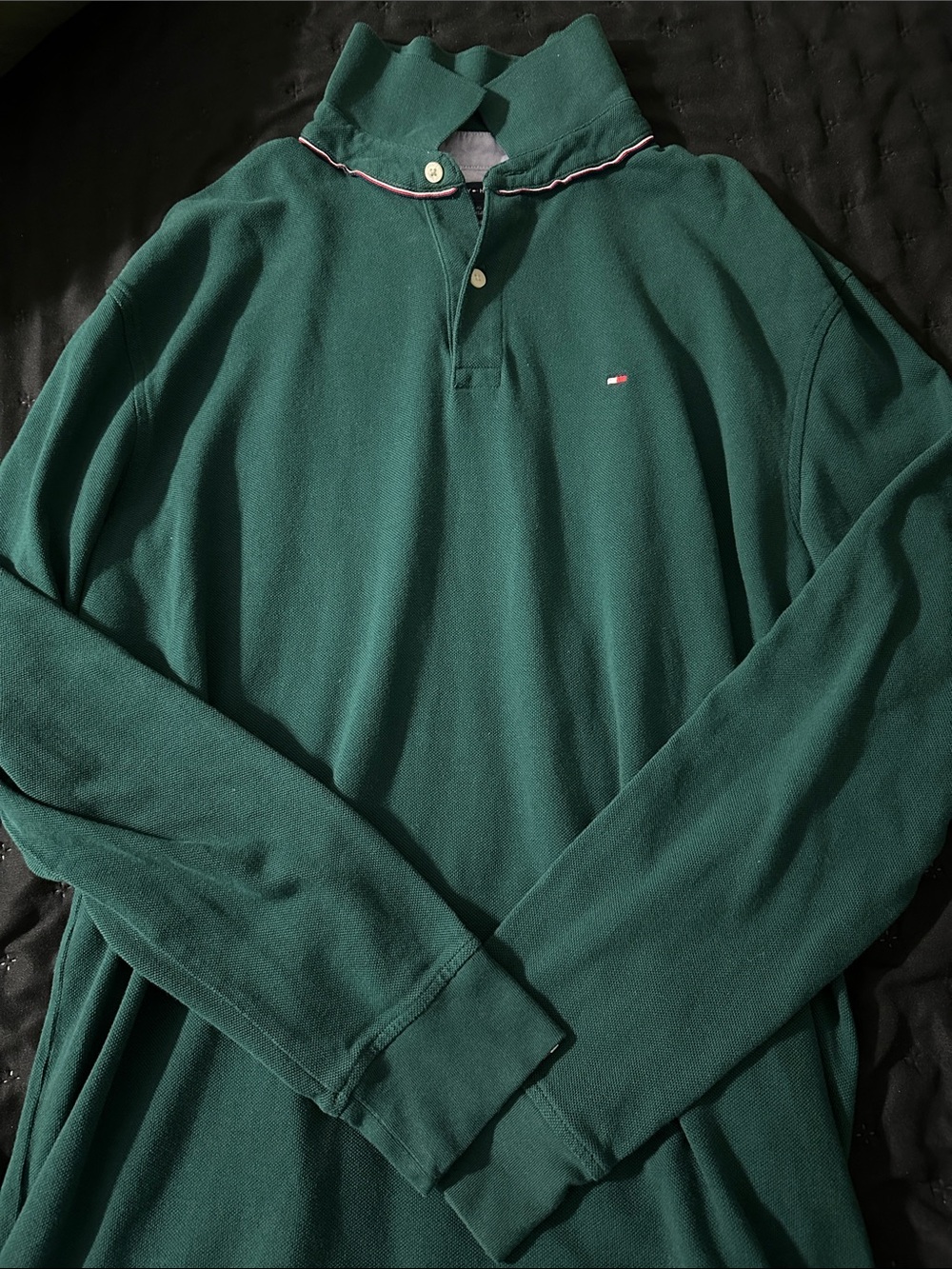 Tommy Hilfiger Green Long Sleeve Rugby Polo Shirt Men’s Large Classic Fit